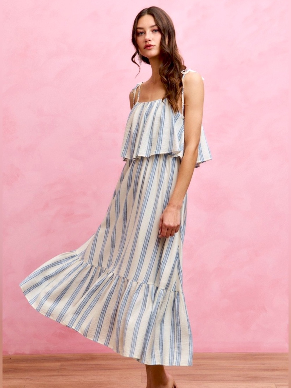 🩵Hello Gorgeous! SO ME Stripe Tiered Shoulder Tie Midi Lined Dress/Whi/Blu